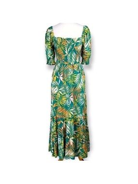 Betsey Johnson Green Tropical-Leaf Puff Sleeve Maxi Dress